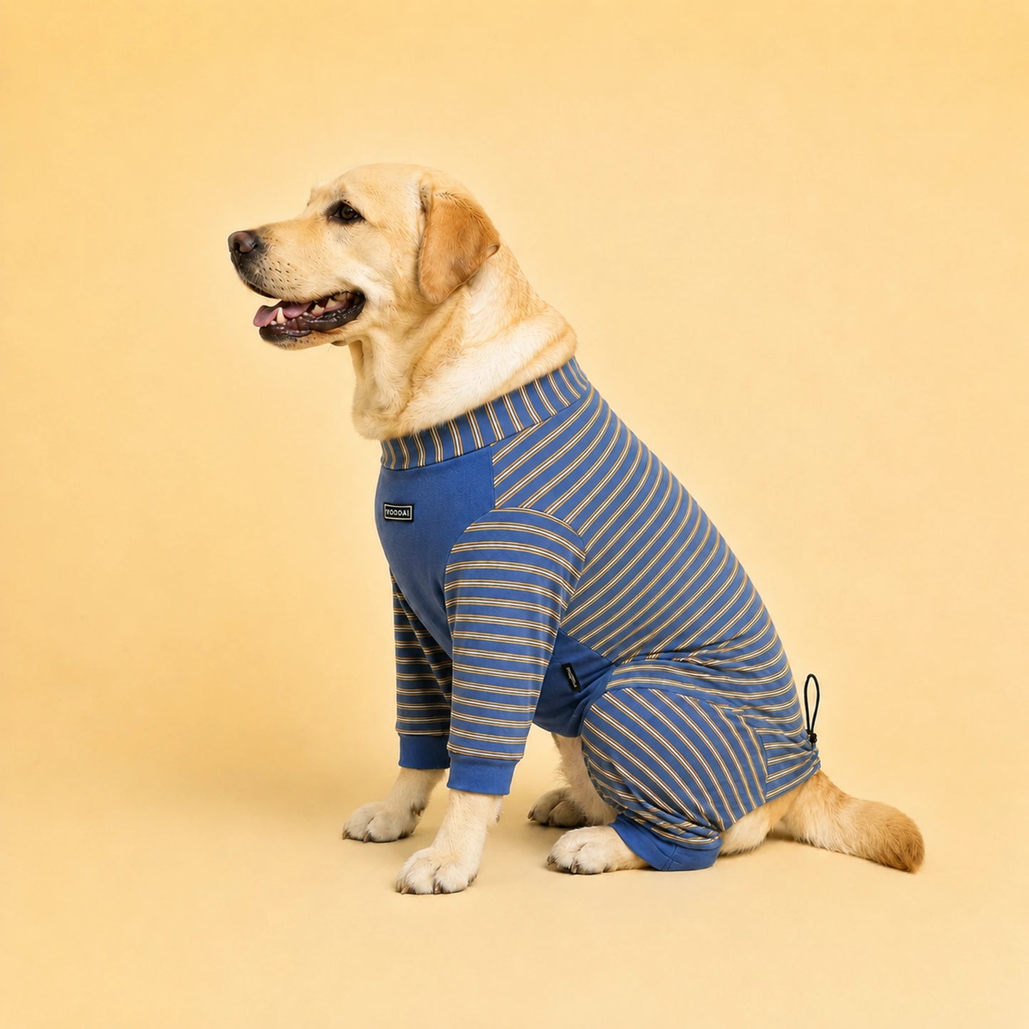 Side view of Lucy the Labrador wearing a blue four-leg lounge onesie with back and rear leg coverage