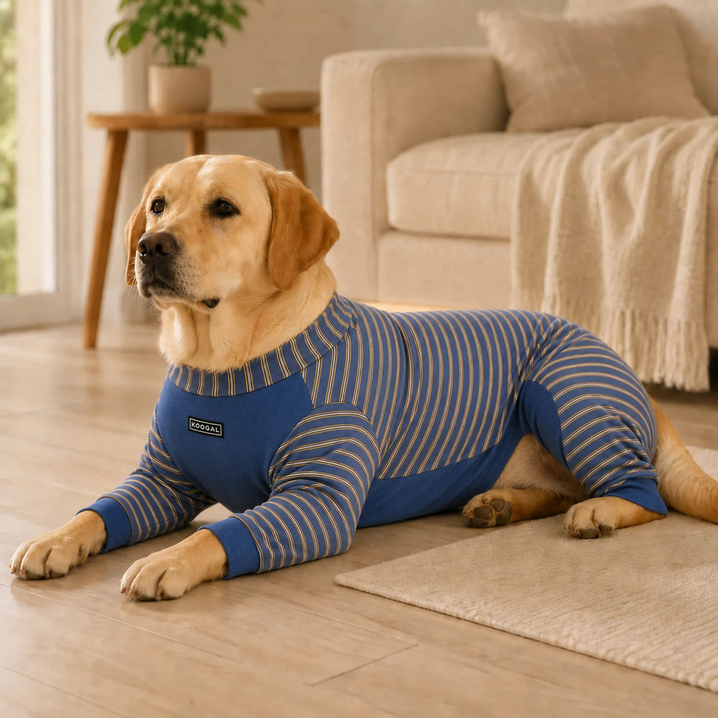 Labrador wearing the Blue Striped Four-Leg Lounge Onesie while lounging at home