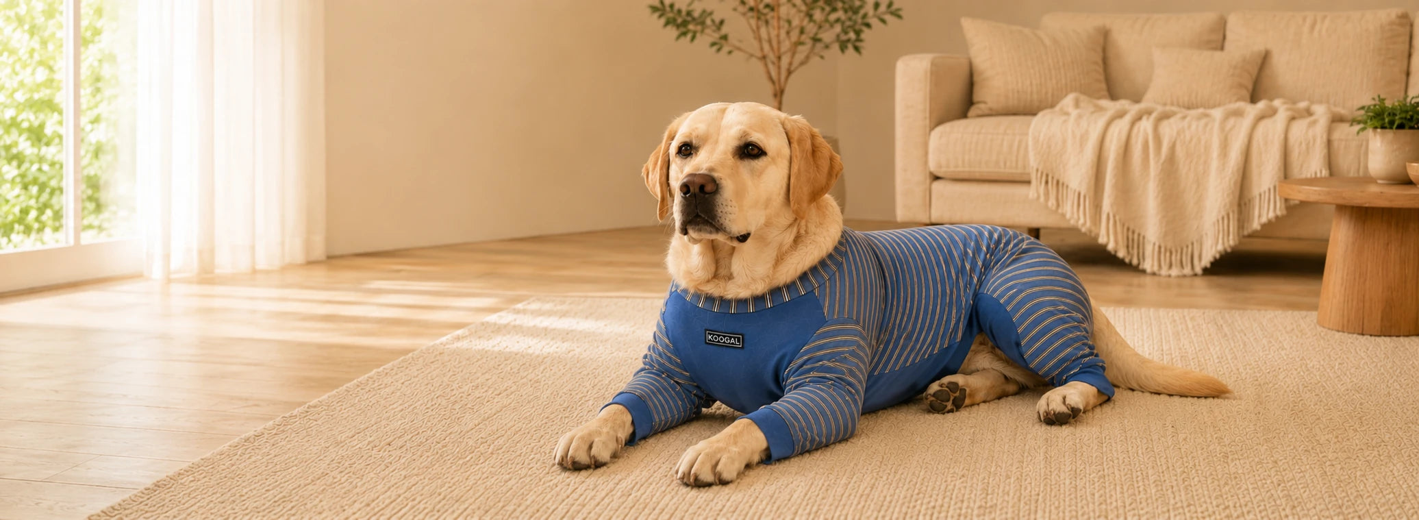 Lucy the Labrador wearing a blue four-leg onesie while resting in a warm living room at home