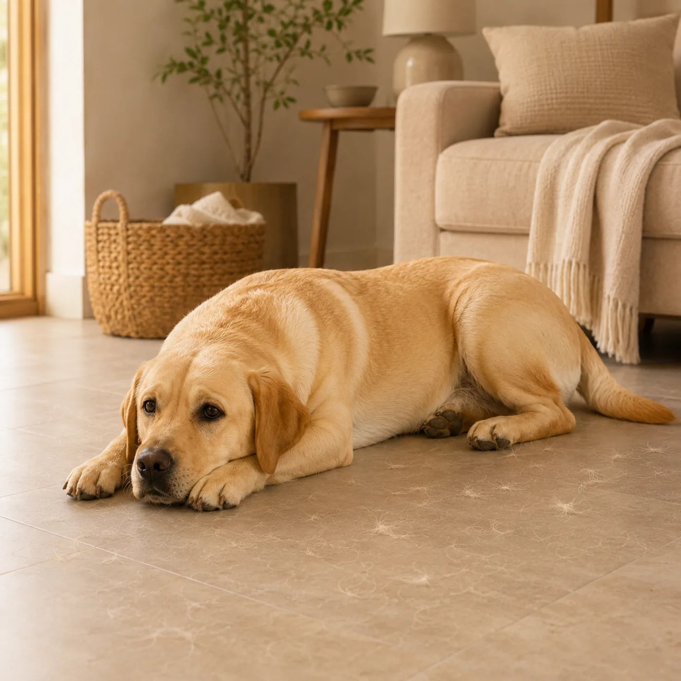Labrador lounging on a hard floor with loose hair, showing elbow friction and floor contact