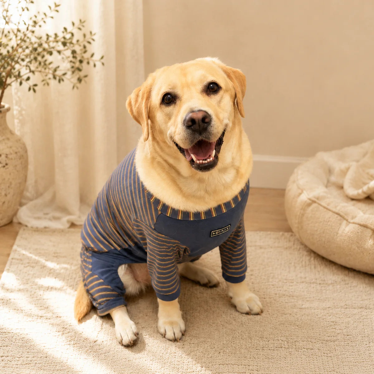 Lucy the Labrador sitting in a warm home setting