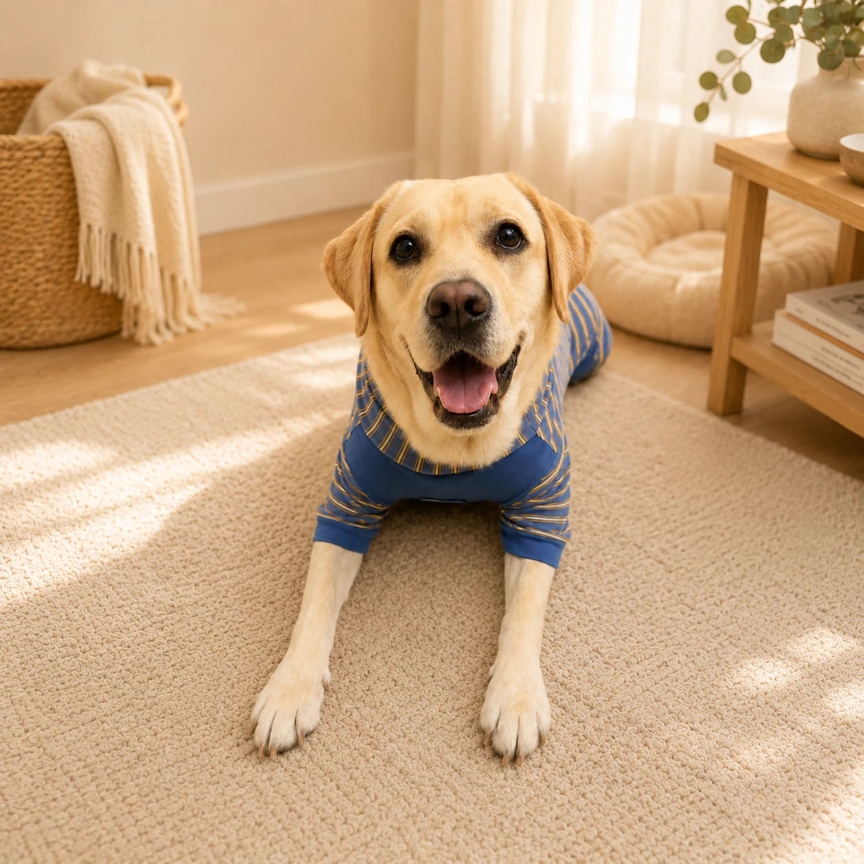 Lucy the Labrador smiling in a blue four-leg onesie in a warm home setting